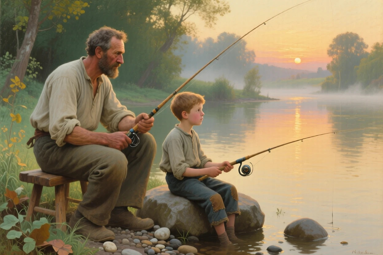 A father and son fishing together in comfortable silence at sunrise, with genuine, unguarded emotion visible in the eyes, evoking warmth, empathy, and genuine connection