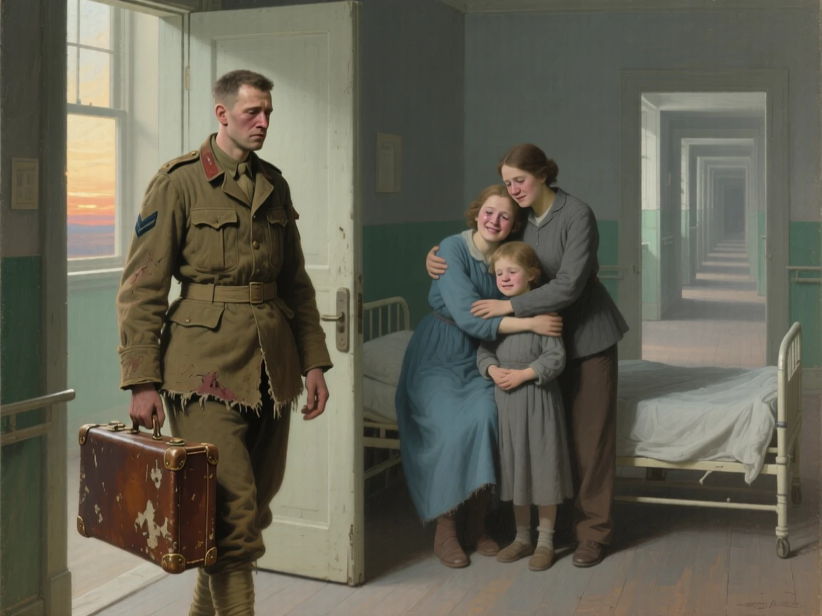 A soldier returning home to find his family waiting at the door as the weight of years finally lifts, set in a dimly lit hospital ward at the edge of dawn, with worn traveling clothes and a battered suitcase telling their own story; converging paths in the background lead directly to the embracing pair, filled with gratitude, humility, and human warmth.
