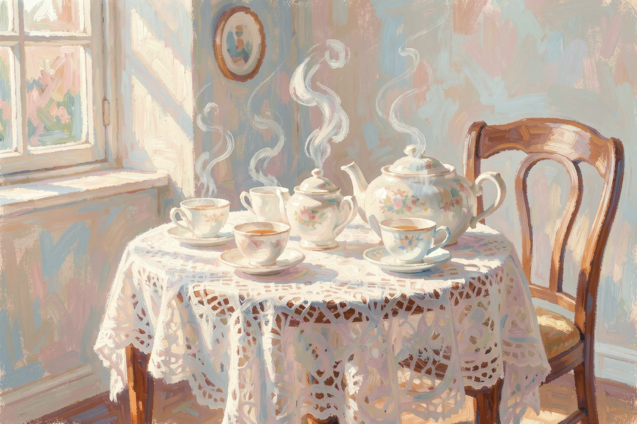 A cozy tea room with mismatched china, lace tablecloths, and steam rising from delicate porcelain cups.