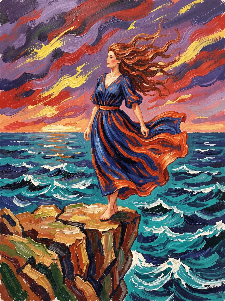 A woman in a flowing dress standing at a cliff's edge, hair swept by the wind.