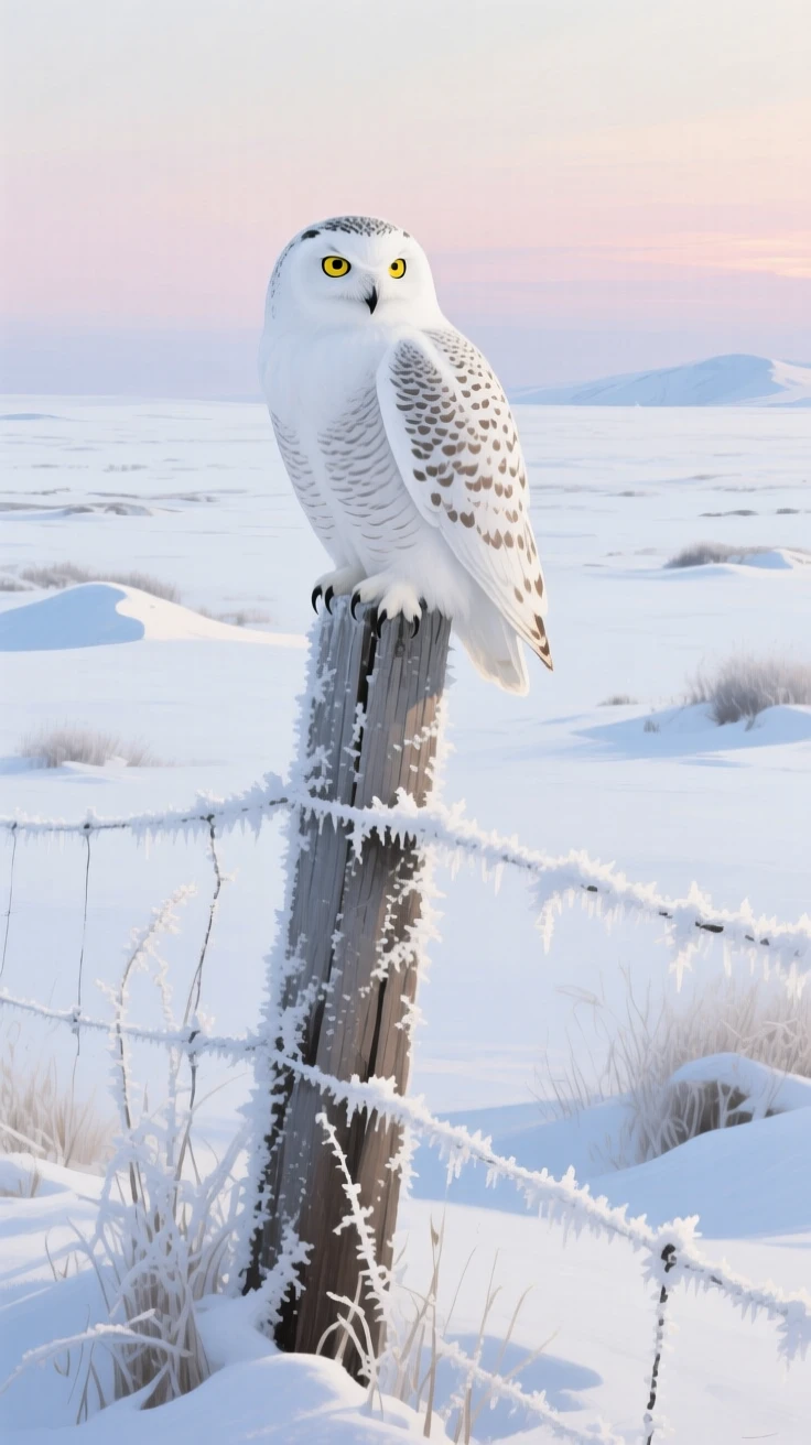A snowy owl perches silently on a frost-covered fence post in the Arctic tundra, its piercing yellow eyes scanning the white landscape for movement, the moment captured with a sense of calm intimacy despite the wild setting.