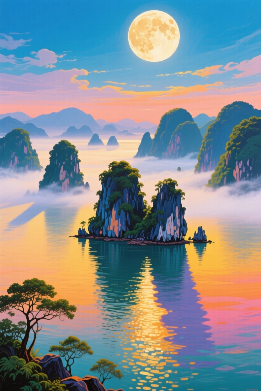 Ha Long Bay's limestone islands emerging from morning fog, beneath a brilliant full moon, long shadows stretching across the ground