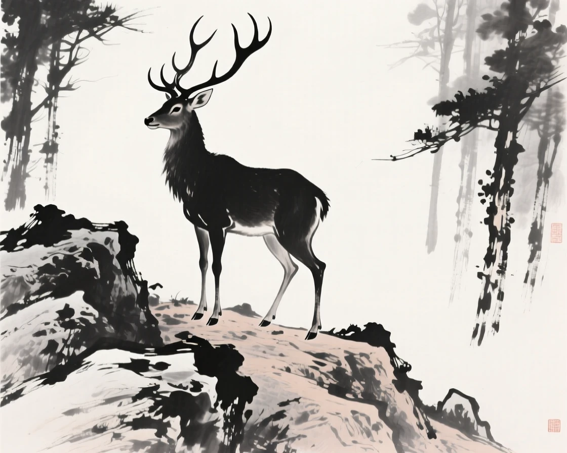 A stag with tall antlers stands alert on a rocky slope, with the forest quiet and still around them.