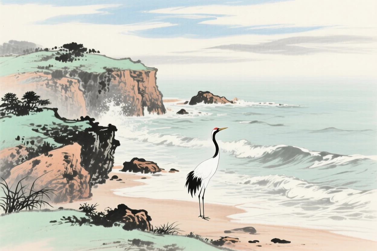 A rocky coastline where waves break gently against cliffs, with a solitary crane standing motionless in the shallows, under a sky streaked with clouds, in the height of summer, in the soft light of late afternoon.