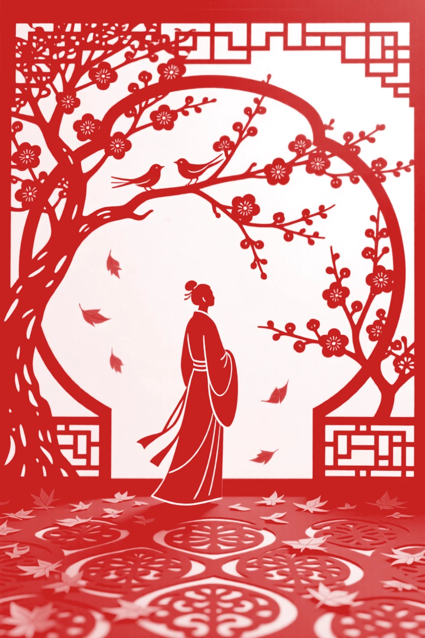 A Spring scene of a courtyard filled with golden fallen leaves, a lone figure pausing to take in the view.