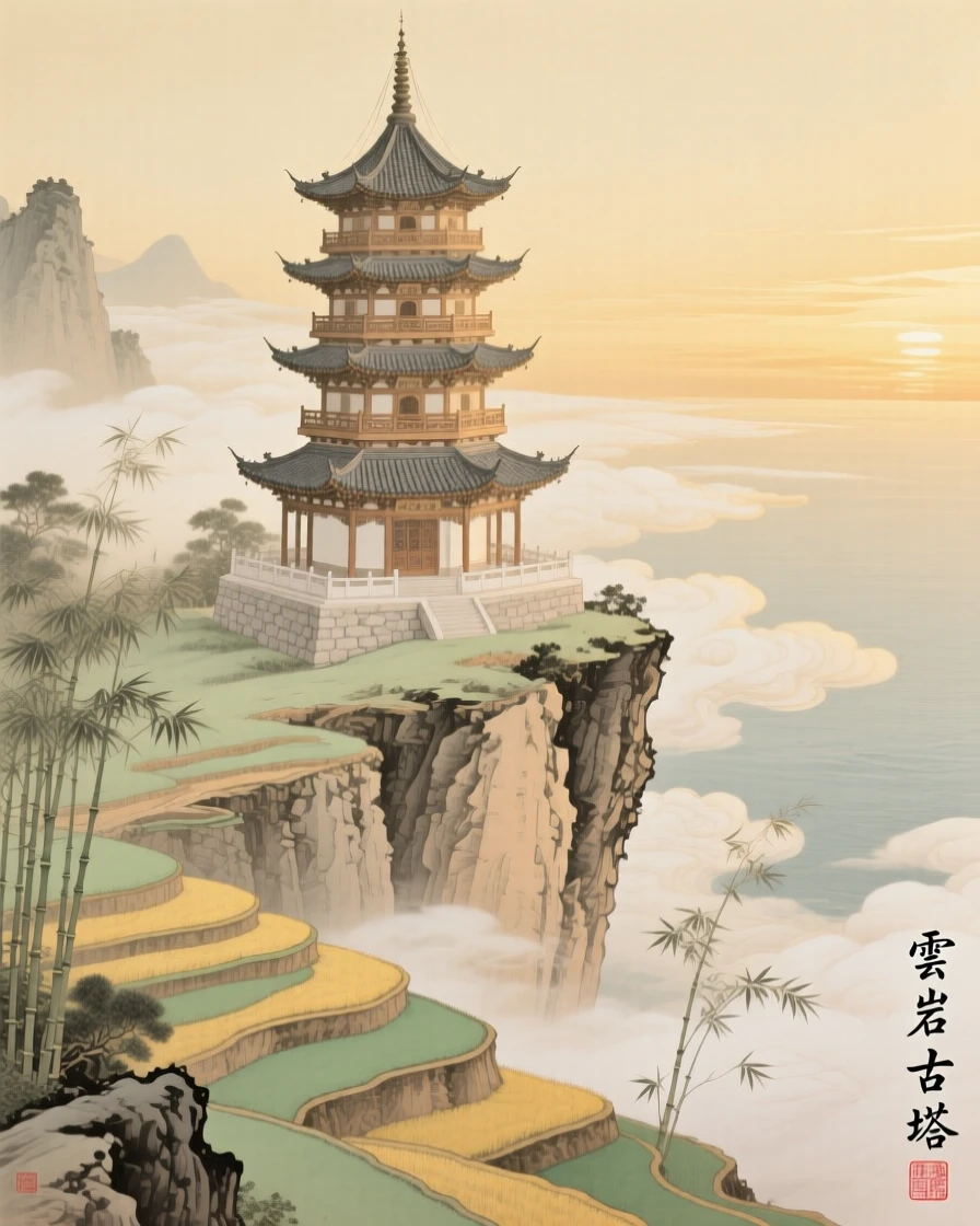 A pagoda perched on a cliffside above the clouds, with soft golden light spilling across the terraced fields