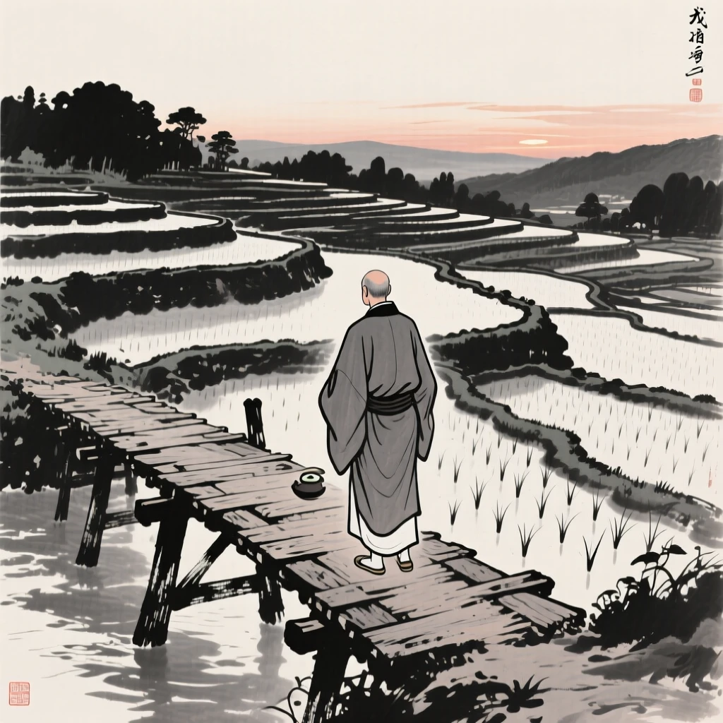 A tea master crossing an old wooden bridge at dusk beside a terraced rice field, seen from behind, gazing out toward the horizon, conveying quiet devotion and simple contentment.