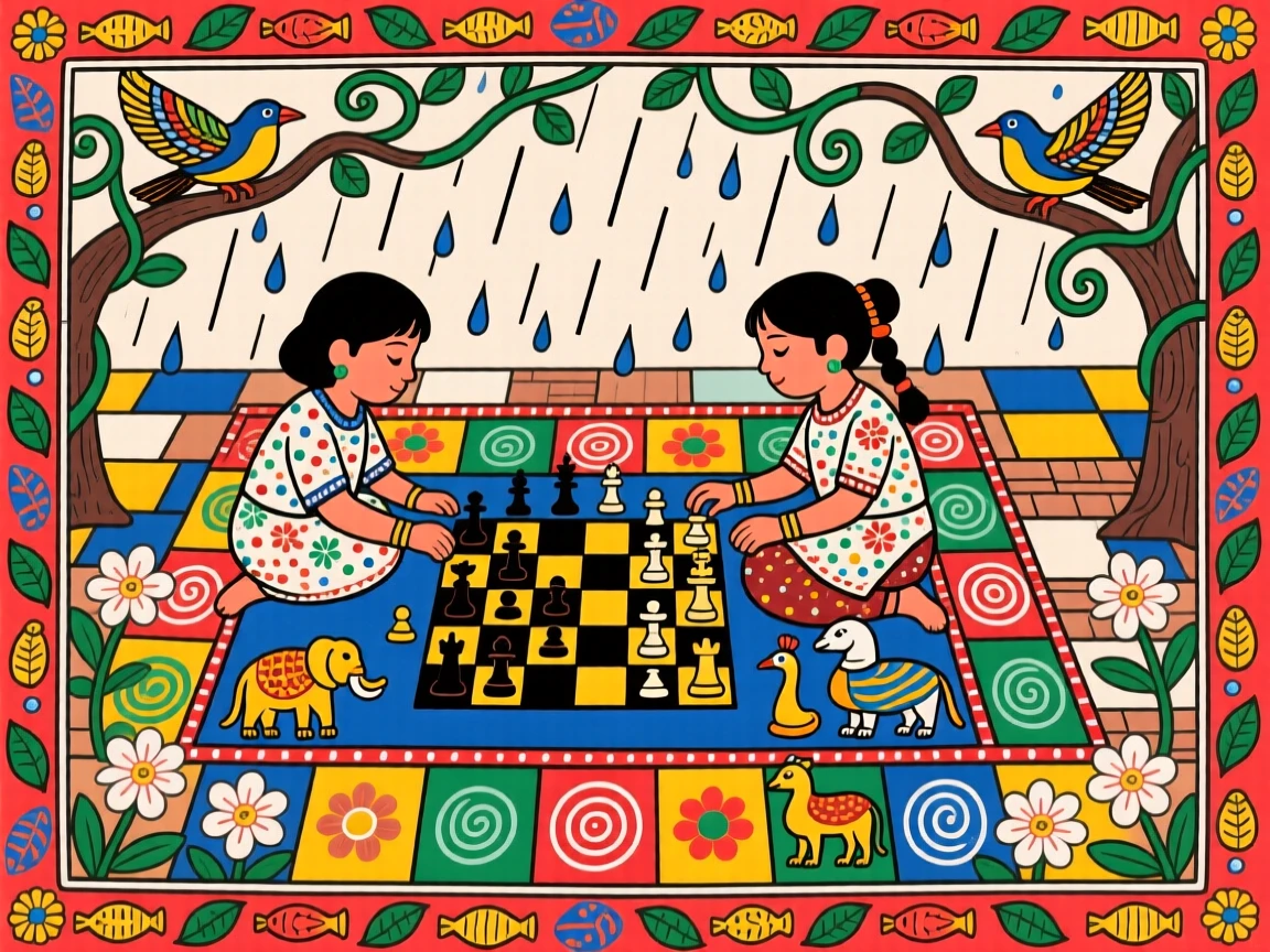 Children playing chess on a courtyard mat as rain begins to fall.