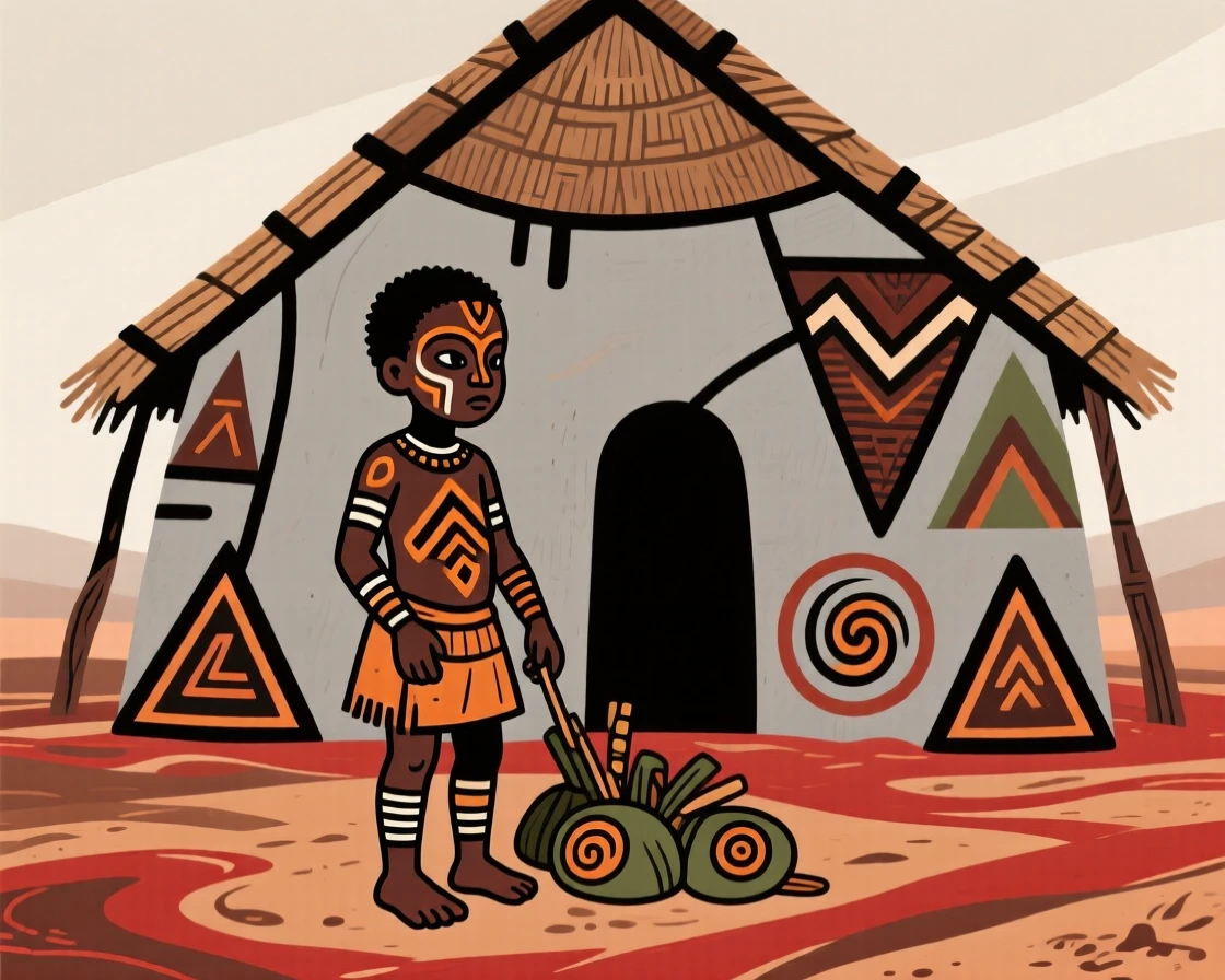 A barefoot child gathered together in front of a village hut.