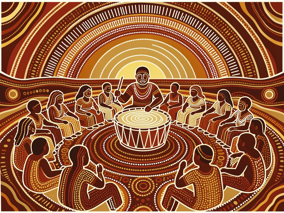 A drummer leading a village celebration at sunrise