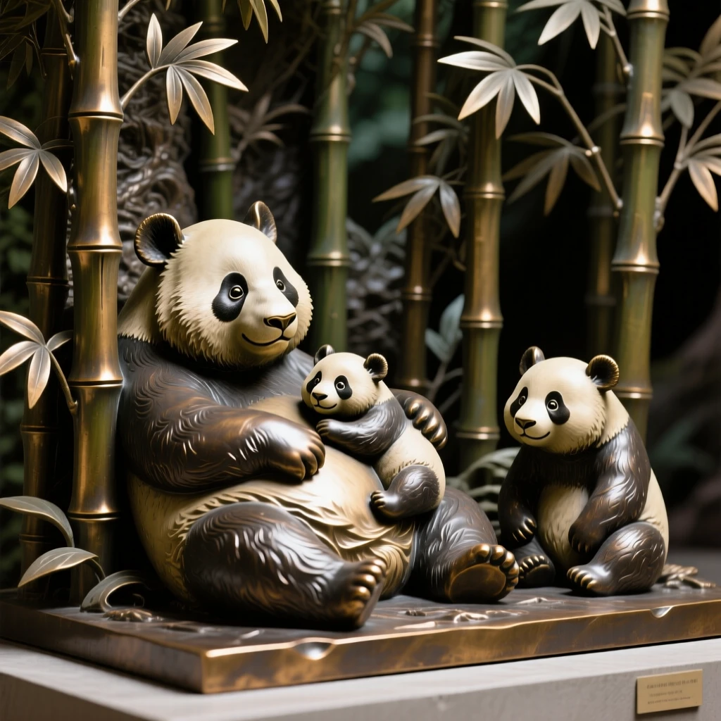 A family of pandas resting in a bamboo grove, in a moment of raw, untamed beauty, evoking wonder and majesty