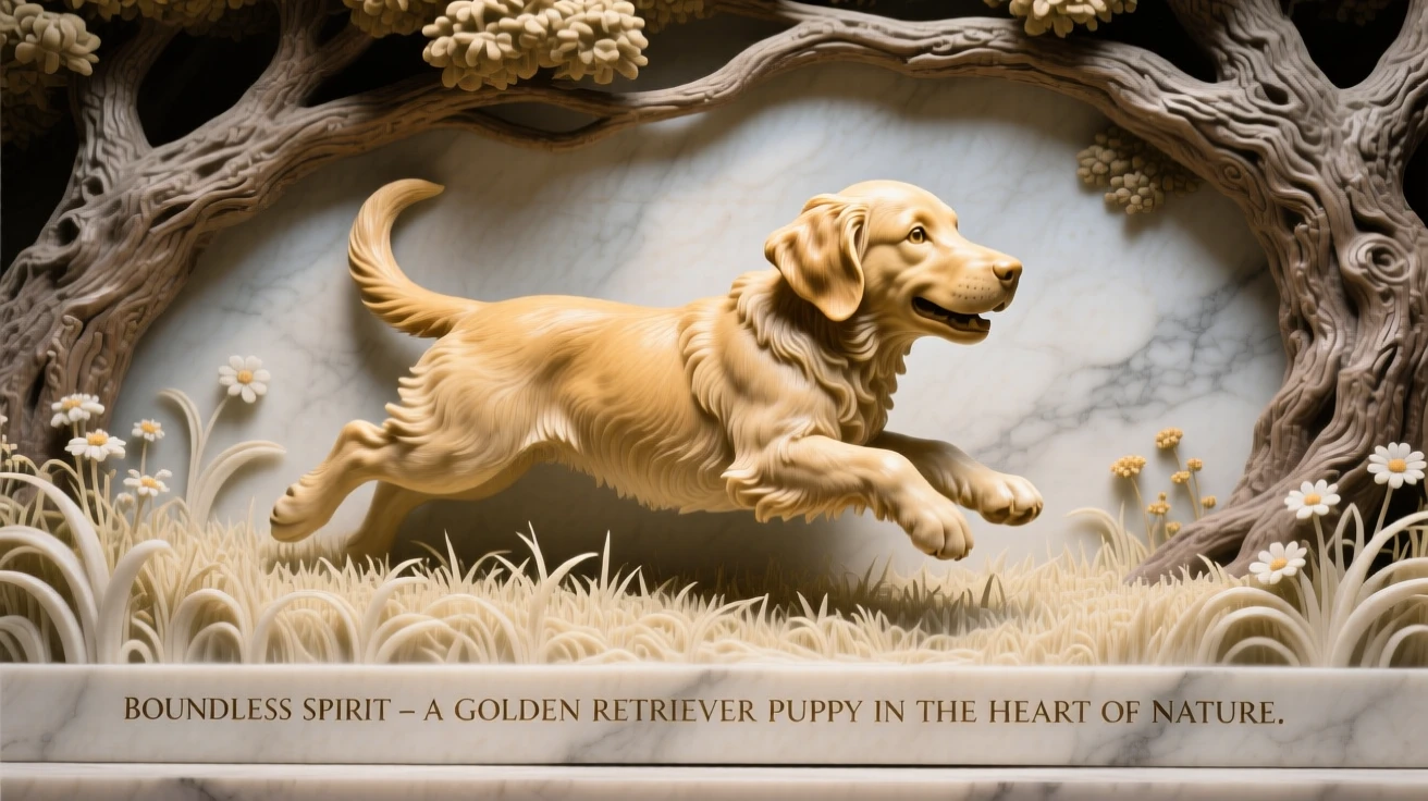 A golden retriever puppy bounding through a meadow captured in a powerful, dignified pose beneath a canopy of ancient trees