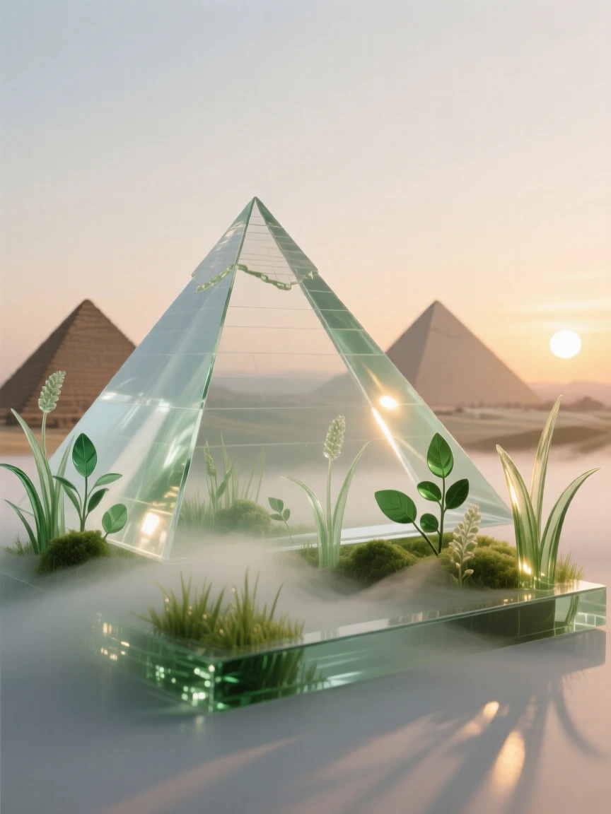 The pyramids of Giza at sunrise surrounded by lush greenery and soft morning mist, wide establishing composition, feeling serene and majestic.