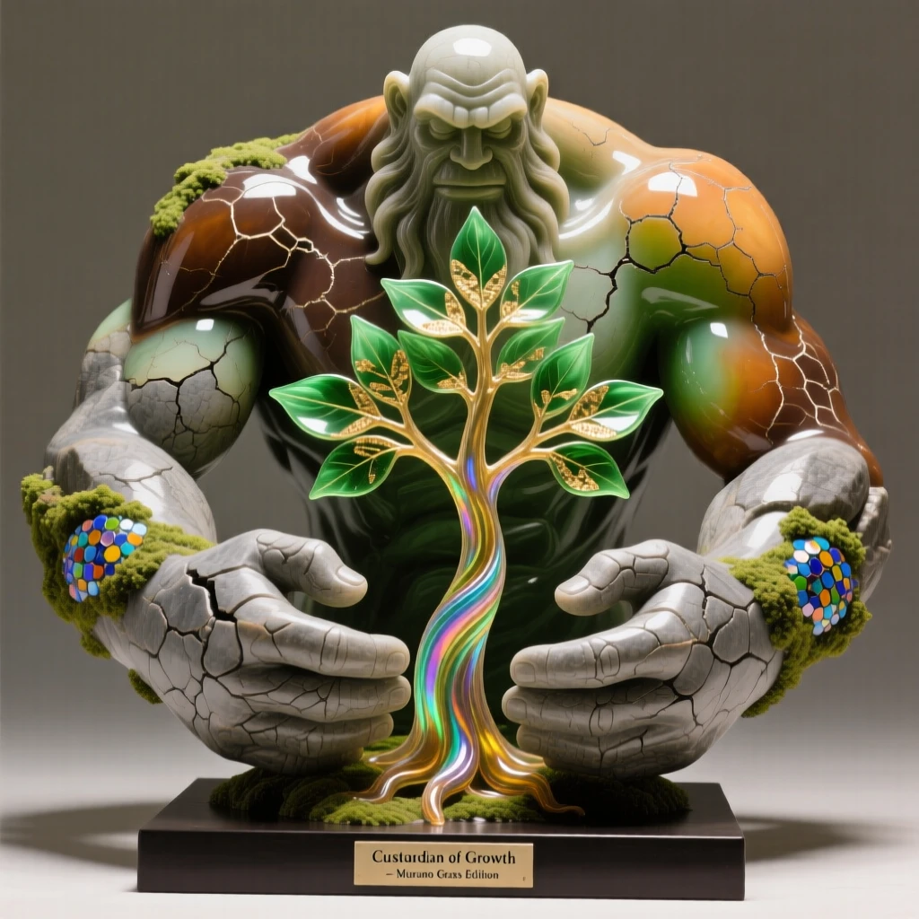 A gentle earth giant cradling a sapling tree in enormous stone hands, tender and grand.
