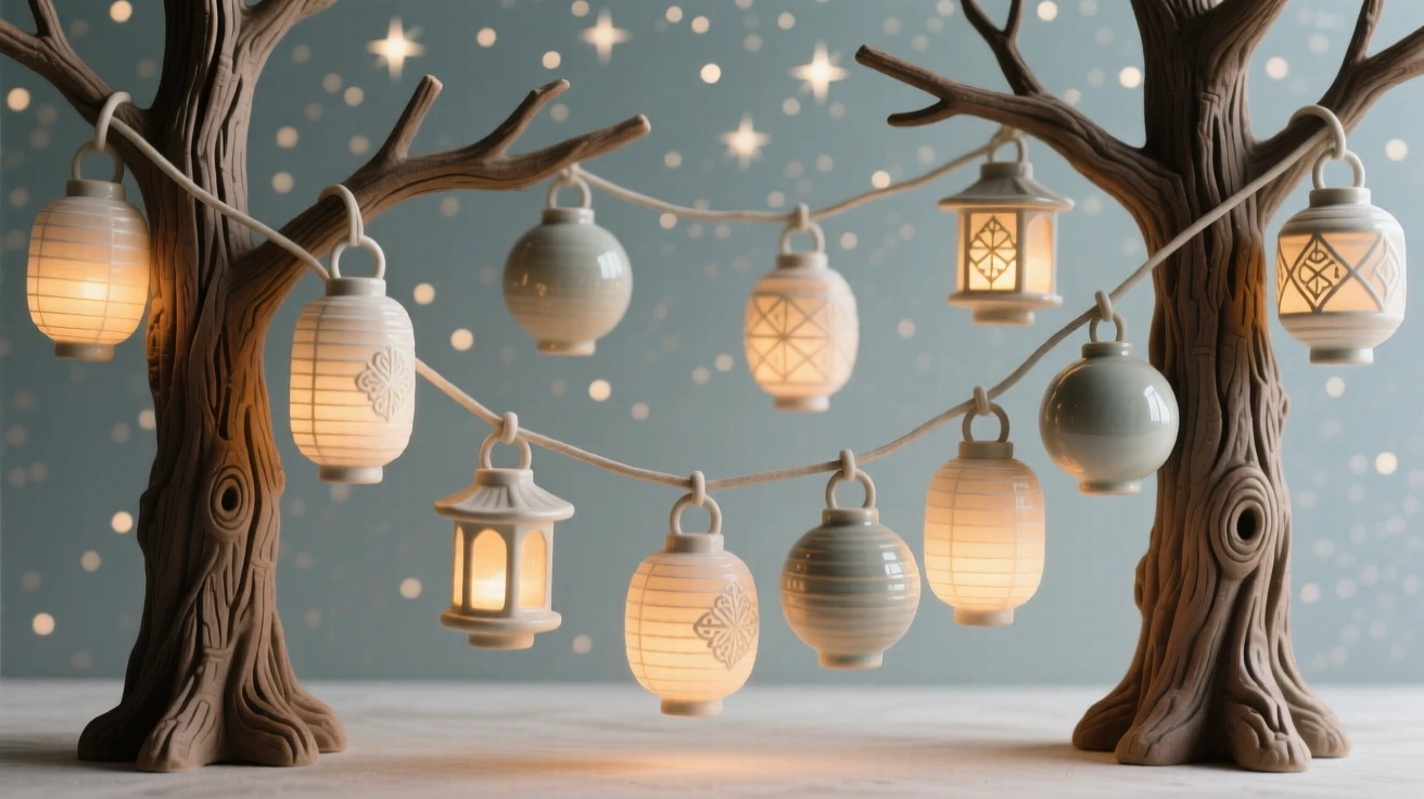 A string of holiday lanterns strung between branches arranged as a festive centerpiece, glowing softly under a starlit sky, conveying warmth, celebration, and delight.