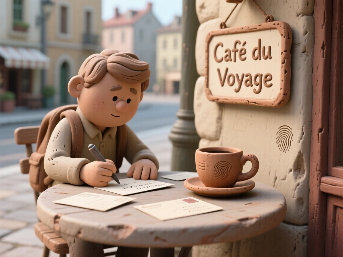 A traveler writing postcards at a small café table abroad