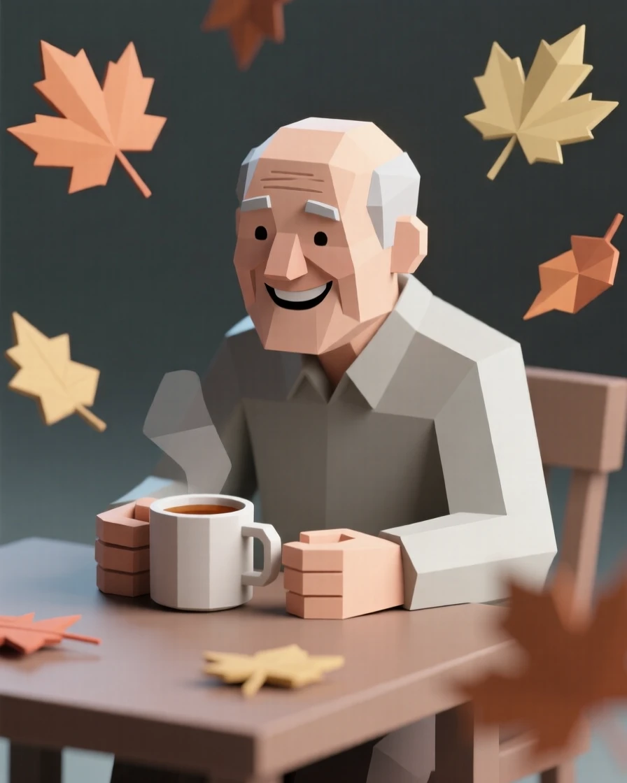 An elderly man smiling warmly over a cup of tea, beneath falling autumn leaves. a shallow depth of field keeps focus on the subject's face. It captures a feeling of quiet triumph.