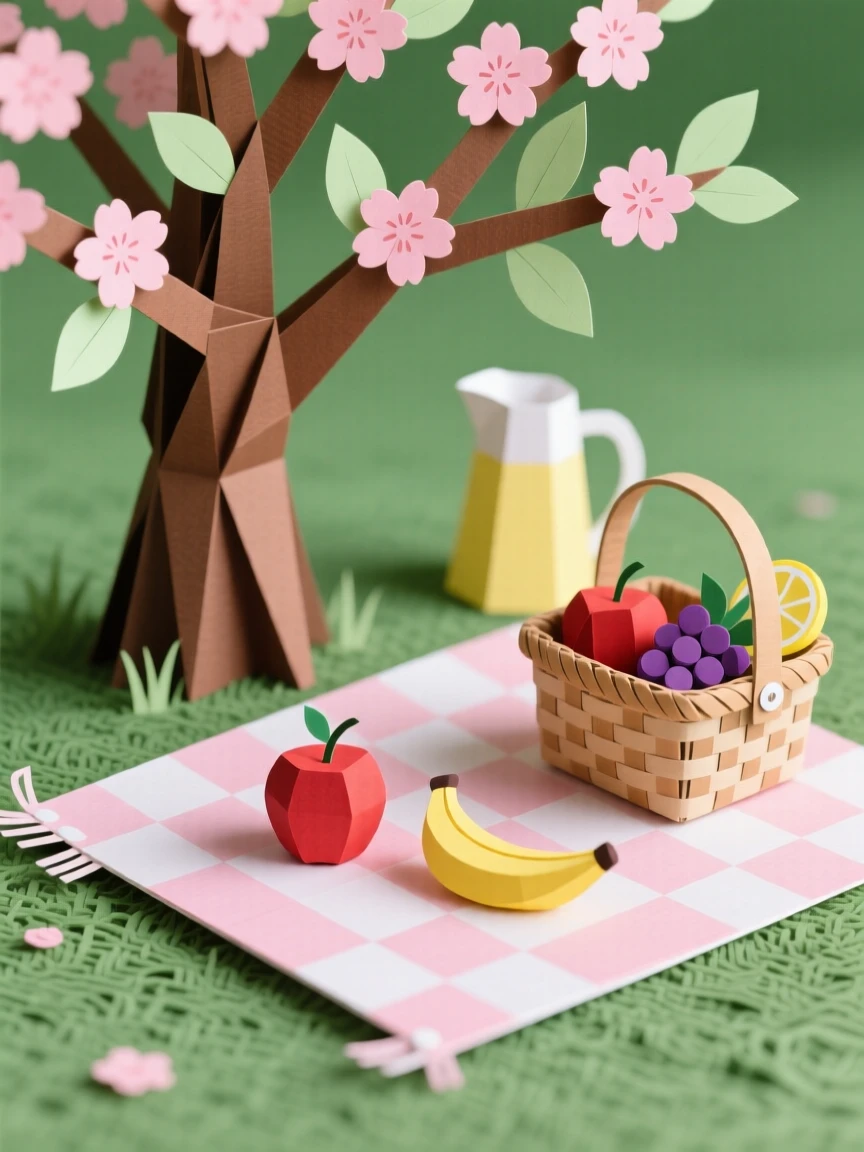 A picnic blanket spread beneath a blossoming tree, a basket of fruit and lemonade nearby, evoking leisurely springtime relaxation.