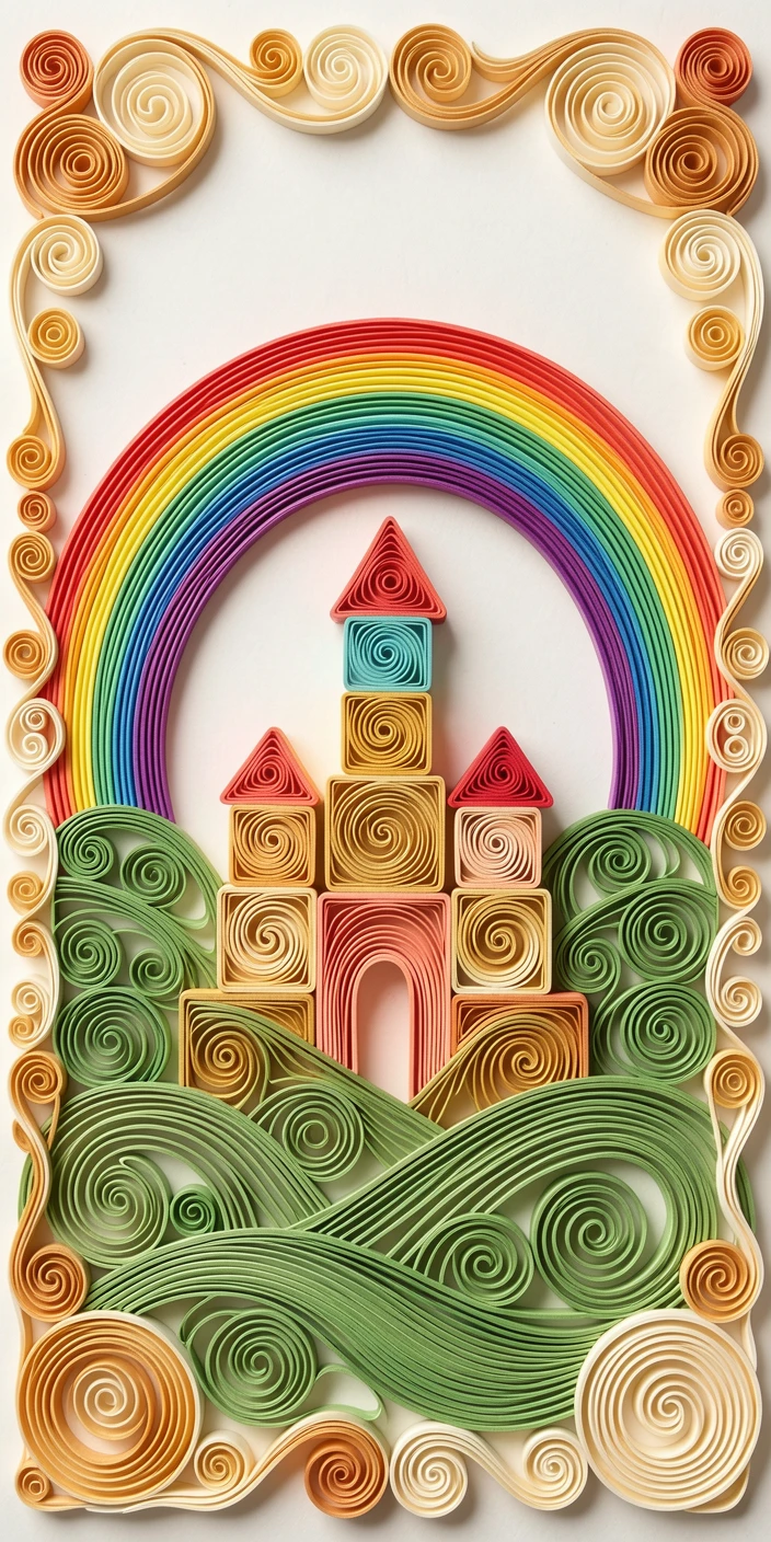 A whimsical children's scene of a stack of building blocks forming a whimsical castle under a rainbow arching over rolling hills, in warm sunny tones of gold and coral, framed with a whimsical storybook illustration feel.