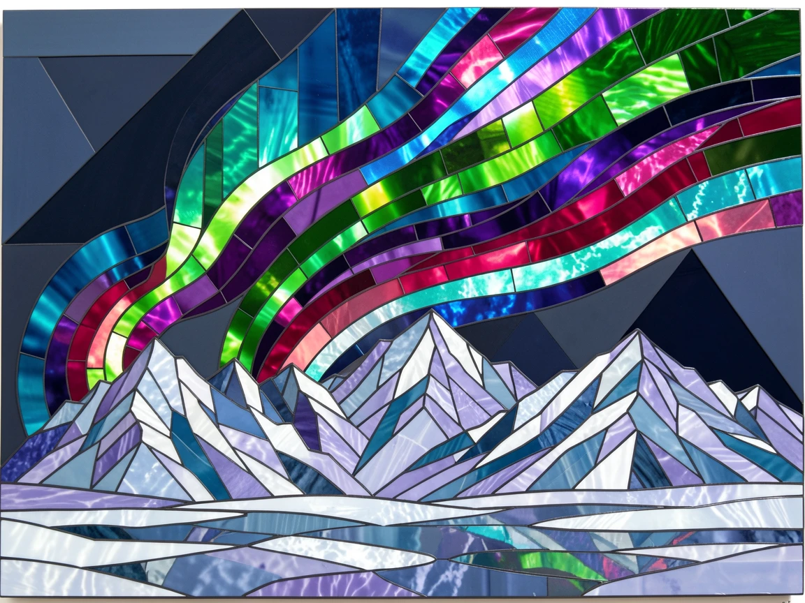 A vivid aurora borealis dancing over a snow-covered mountain range, rendered in vivid deep color with luminous detail.