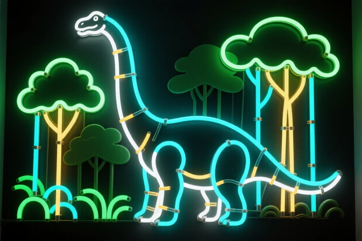 A towering Brachiosaurus reaching into the treetops of a prehistoric forest.