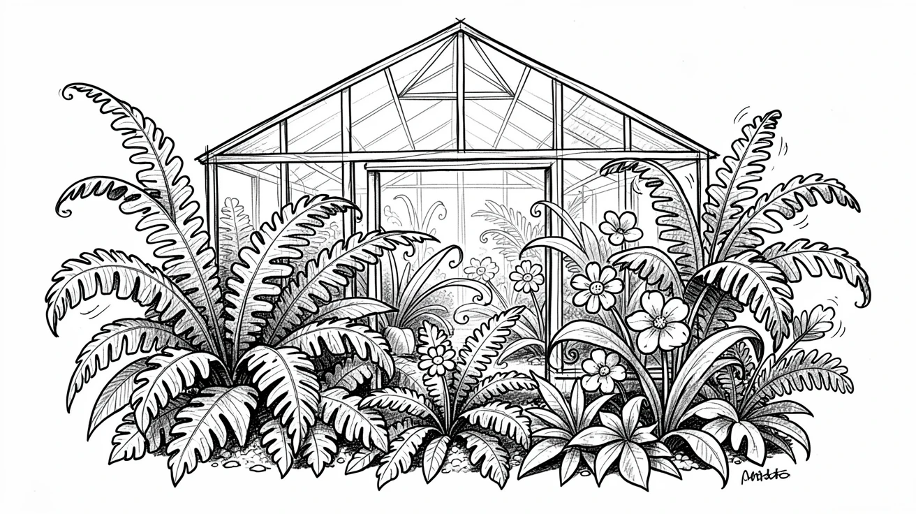 A greenhouse full of ferns and blooms in a botanical garden.