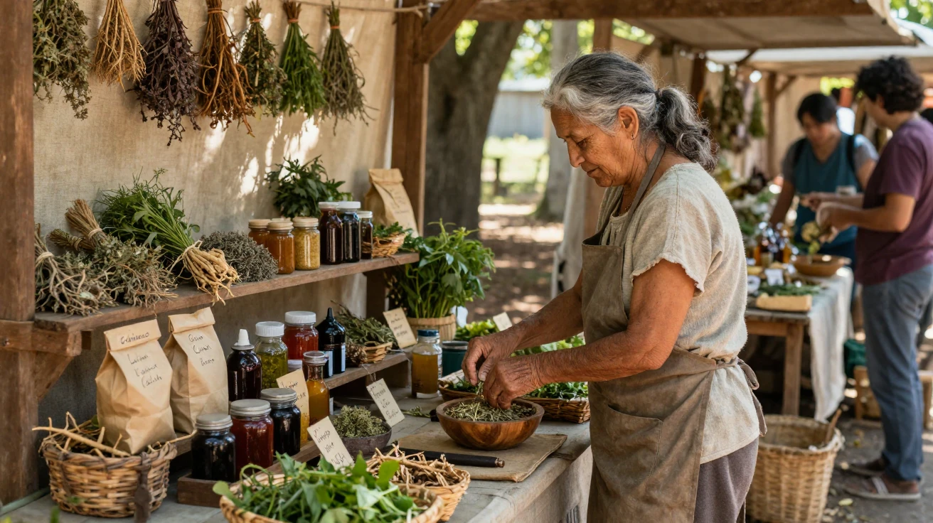 A traditional healer prepares herbal remedies at an open-air market stall.