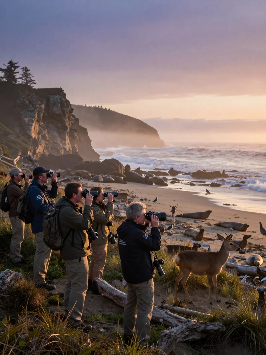 A team of researchers watching wildlife roam free at dawn along a hidden stretch of coastline