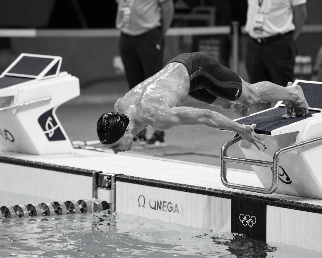 A swimmer launches off the starting block at an Olympic-sized pool.