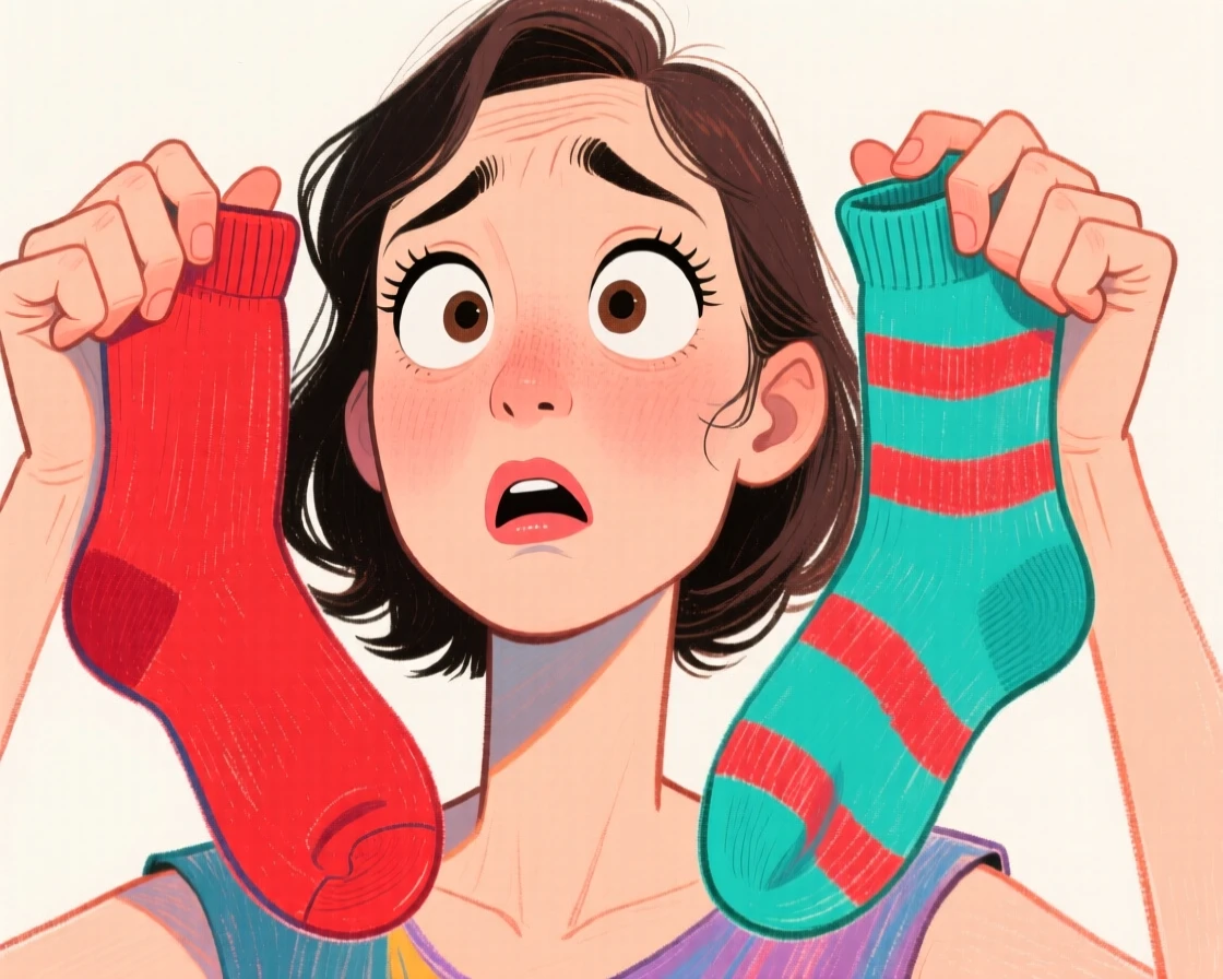 A woman holding up two different colored socks with a confused expression.