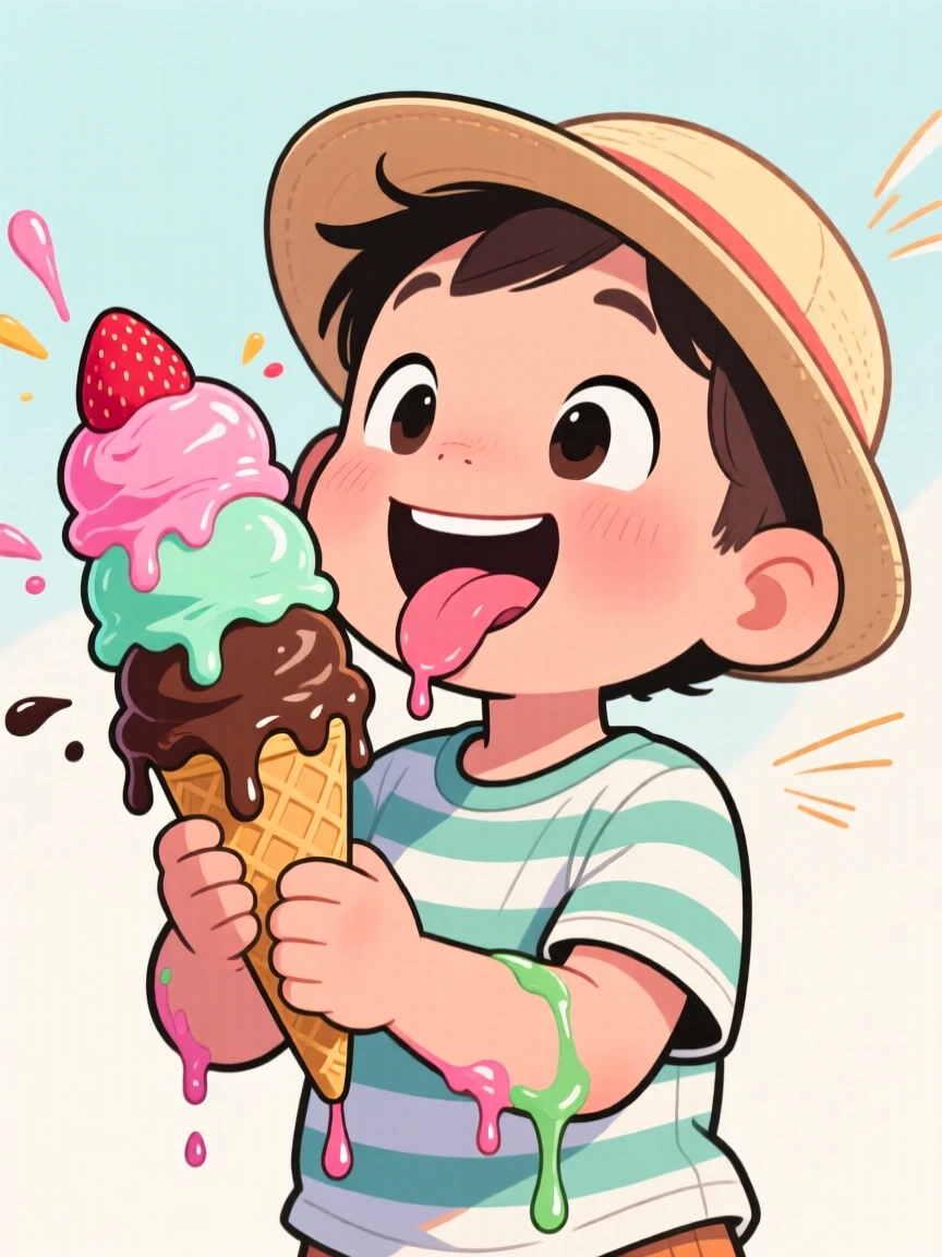 A playful childhood moment of a child eating an ice cream cone that's melting faster than they can lick it.