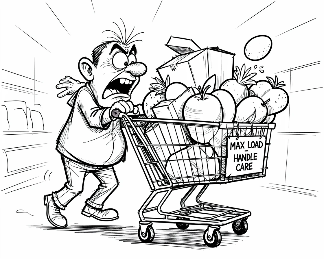 [Funny & Exaggerated Situations] Comical scene of a shopper pushing an overflowing grocery cart about to tip over, exaggerated for maximum laughs