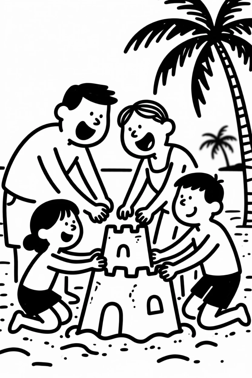 A family building sandcastles on a tropical beach with palm trees swaying.