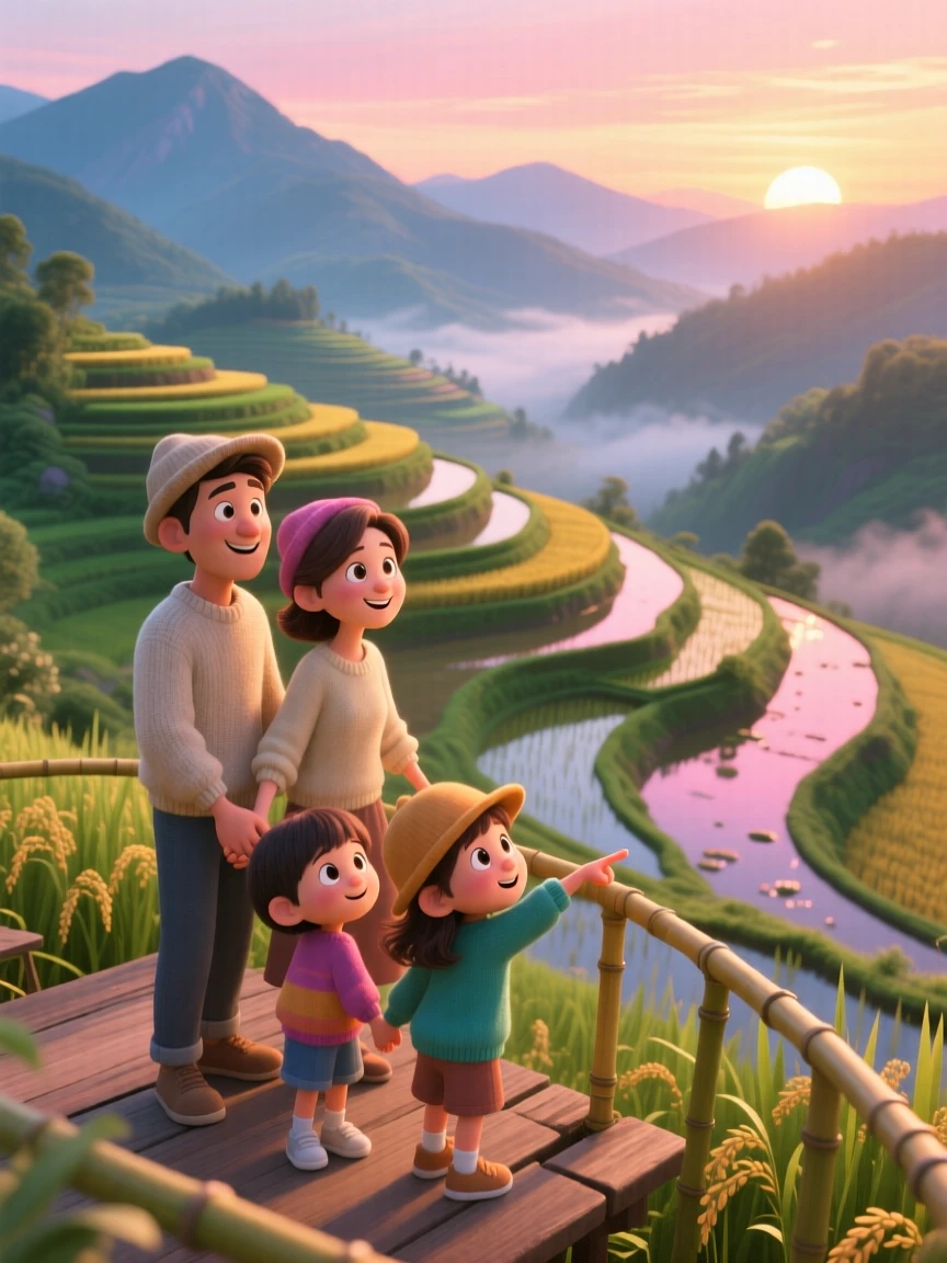 A family taking in the view stands overlooking a terraced rice field at sunrise, pausing to breathe in the fresh mountain air. A quiet excitement for discovery lingers in the air, with the scent of salt air carried on the wind.