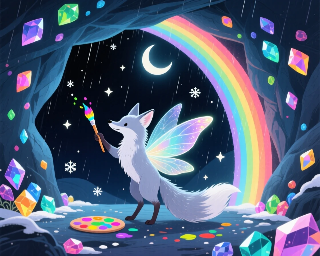 Deep within a glowing cave of gems, a moonlit fox spirit spends the evening painting rainbows across the sky, as tiny stars fall like snow.