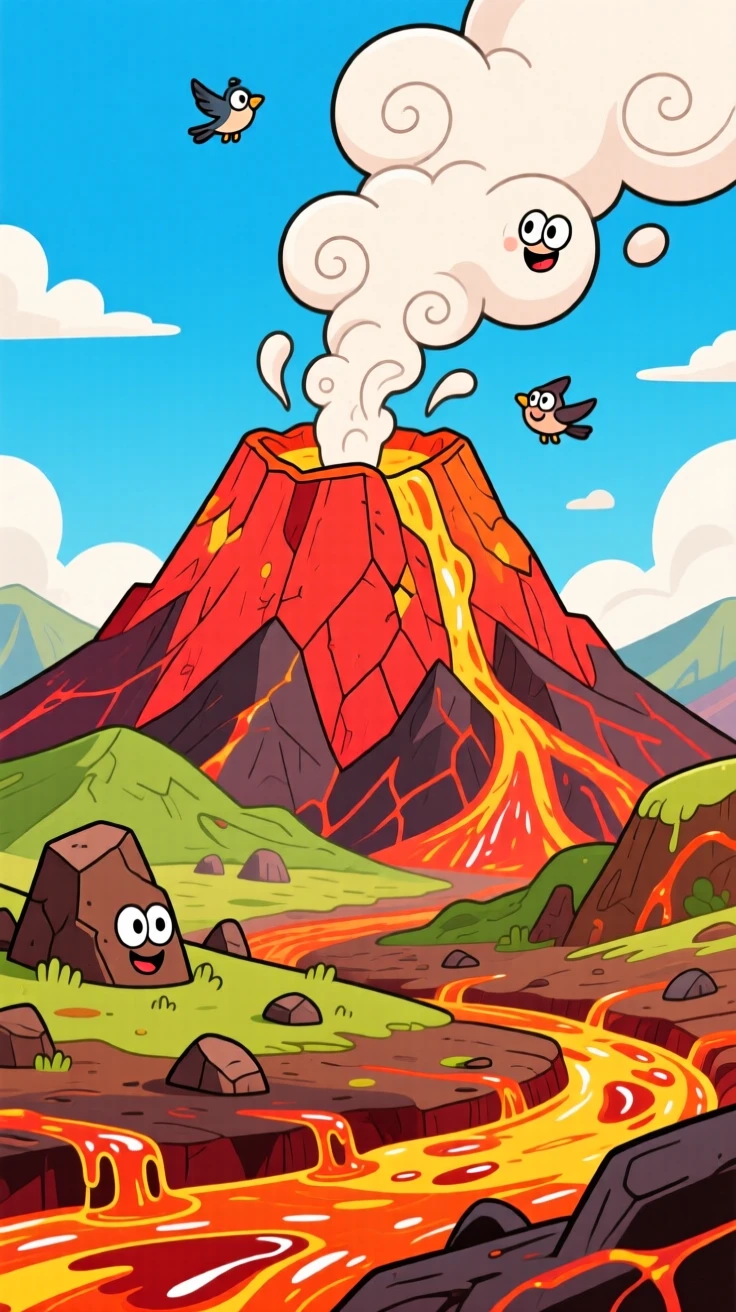 A volcanic landscape with steam rising near a distant peak.