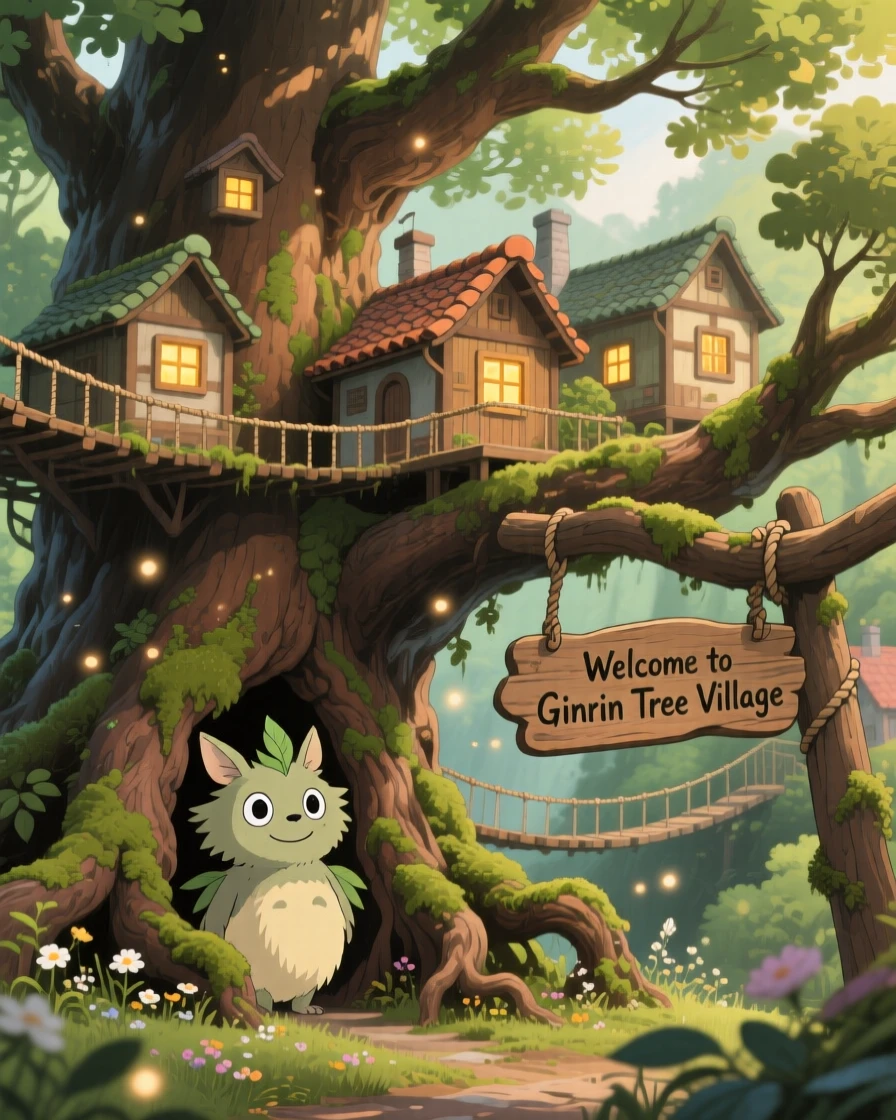 A village built inside the branches of an enormous tree, where a friendly forest spirit peeking from behind a root can be seen nearby, the atmosphere quietly enchanting.