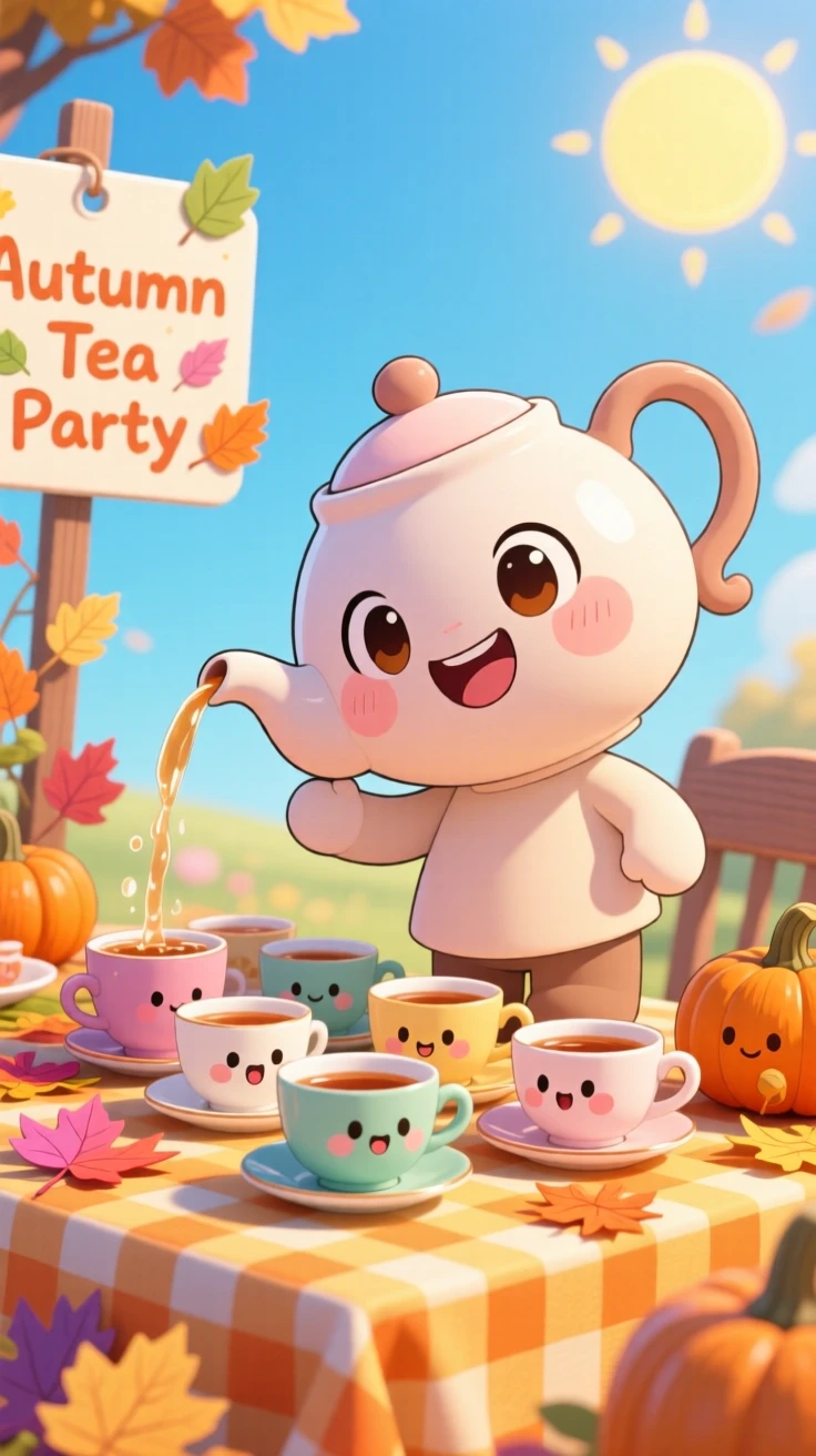 Waist-up portrait: a smiling teapot character, pouring tea for a row of teacup friends, set against a whimsical tea party table on a crisp autumn afternoon, with bright midday sun and a mood of gentle surprise.