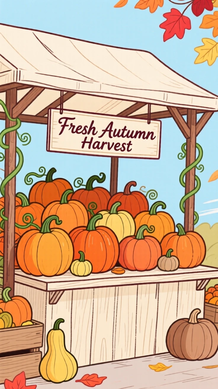 A farmers market stall piled high with autumn pumpkins.