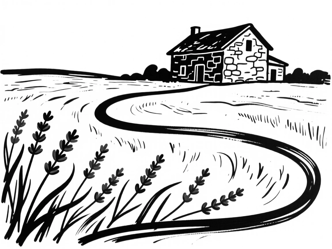 A field of lavender with a rustic stone farmhouse in the distance.