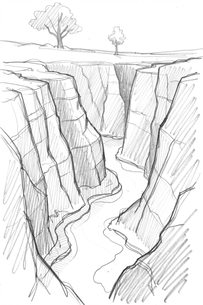 A breathtaking view of a canyon carved by an ancient river, lit by streaks of golden afternoon sun, with a lone tree silhouetted on the horizon.