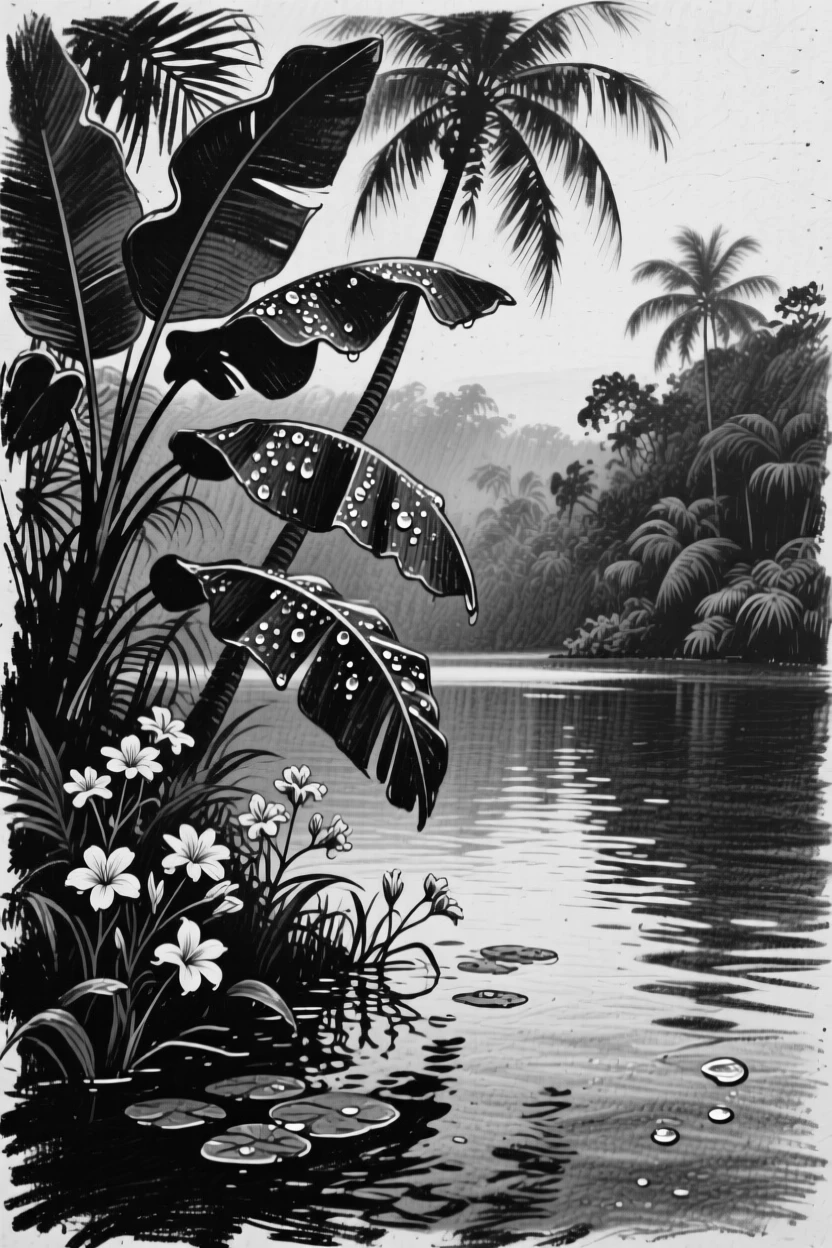 A tropical lagoon as morning dew glistens on every surface.
