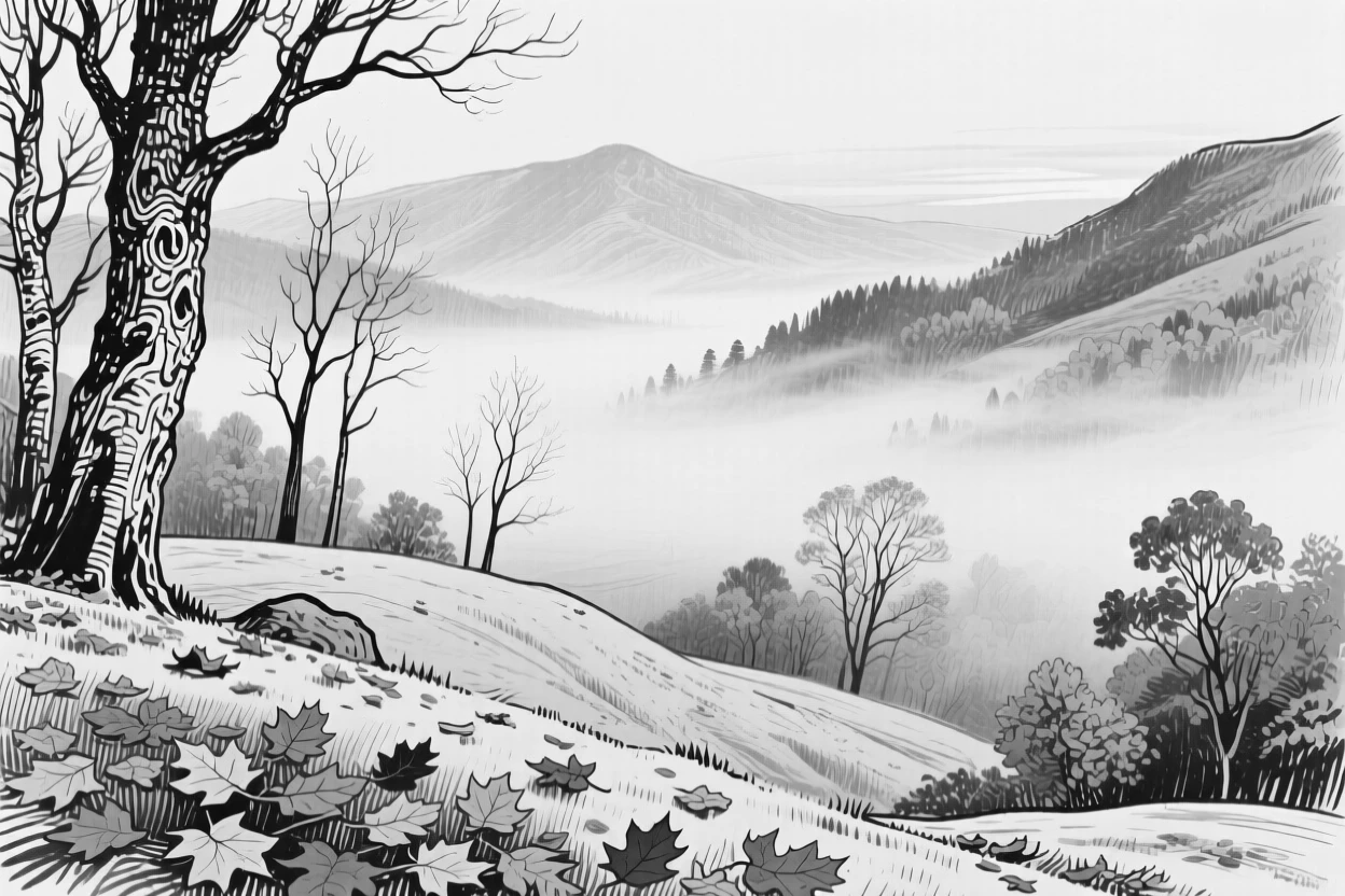 A quiet valley blanketed in autumn fog at first light.
