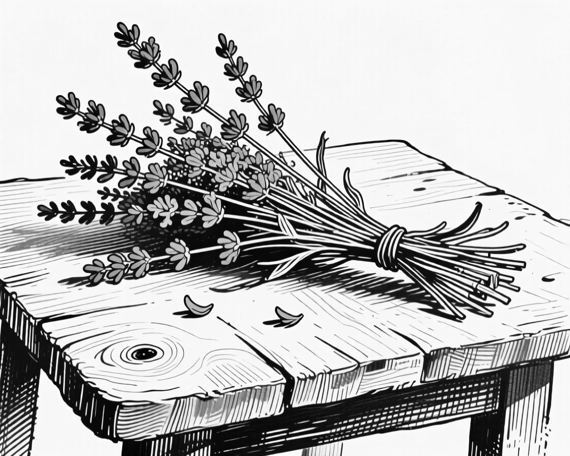 A bunch of lavender stems set against a rustic wooden table, with a few loose petals scattered below, composed in a fresh and vibrant still-life arrangement.