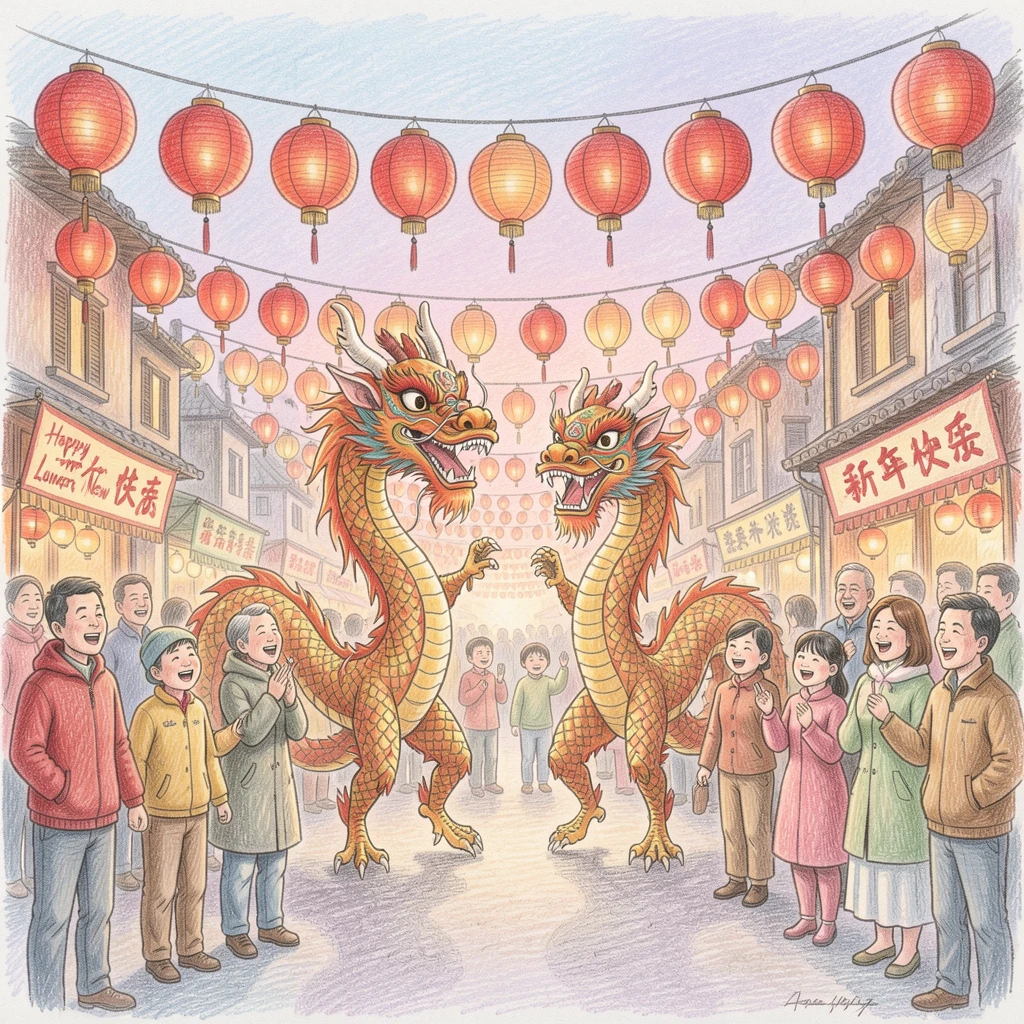 A Lunar New Year street festival filled with red lanterns and dragon dancers, captured in the soft light of early evening, evoking treasured family memories and togetherness.
