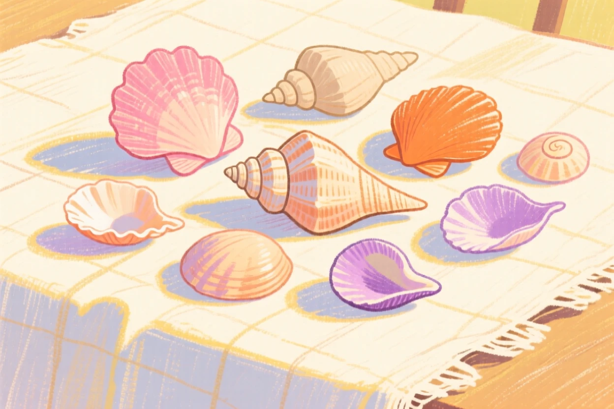 A collection of seashells set on a linen tablecloth in the afternoon light.