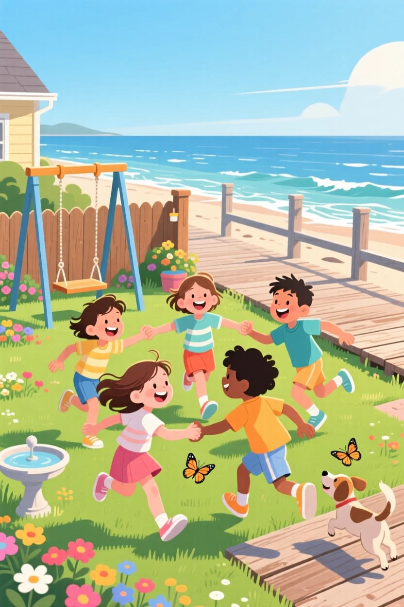 A group of children playing tag in a sunny backyard, along a scenic coastal boardwalk, framed to highlight connection between the people in the scene, with small joyful details like flying hair or bright laughter.