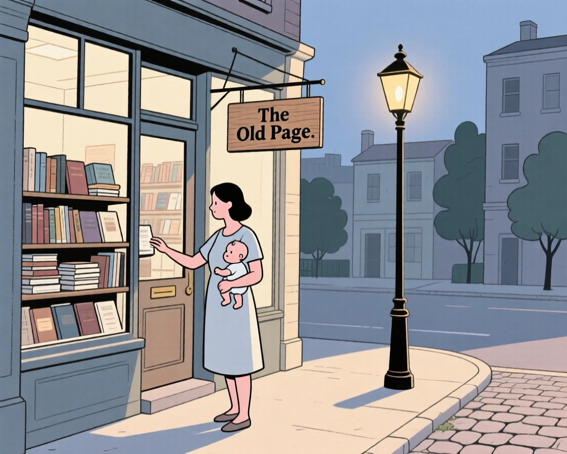 A new parent browsing a used bookstore on a quiet summer evening in the city.