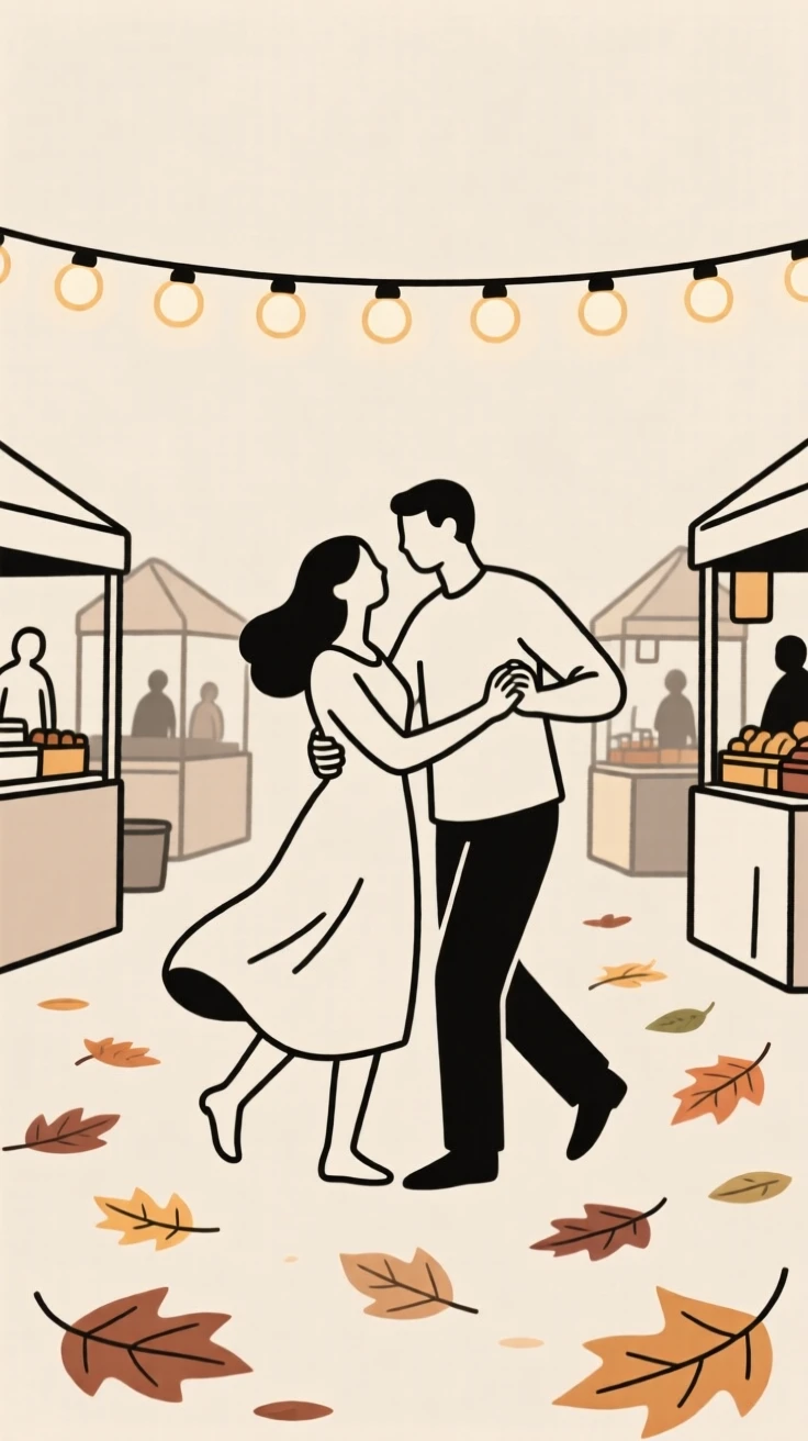 A couple dancing under string lights in a busy farmers market, surrounded by scattered autumn leaves, conveying warm connection.