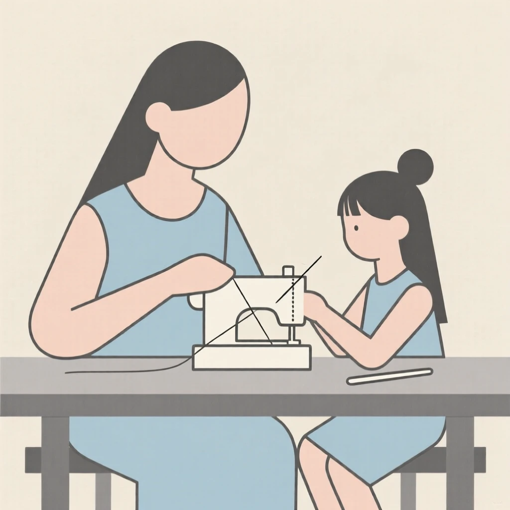 A mother teaching her daughter to sew
